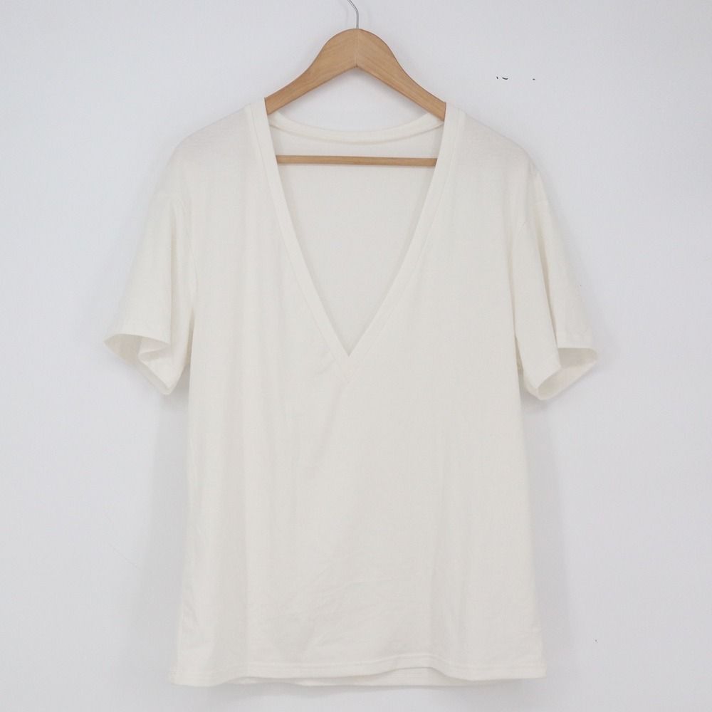 Unbranded T-Shirt Womens M Deep V-Neck Cream Short Sleeve Minimalist Excellent